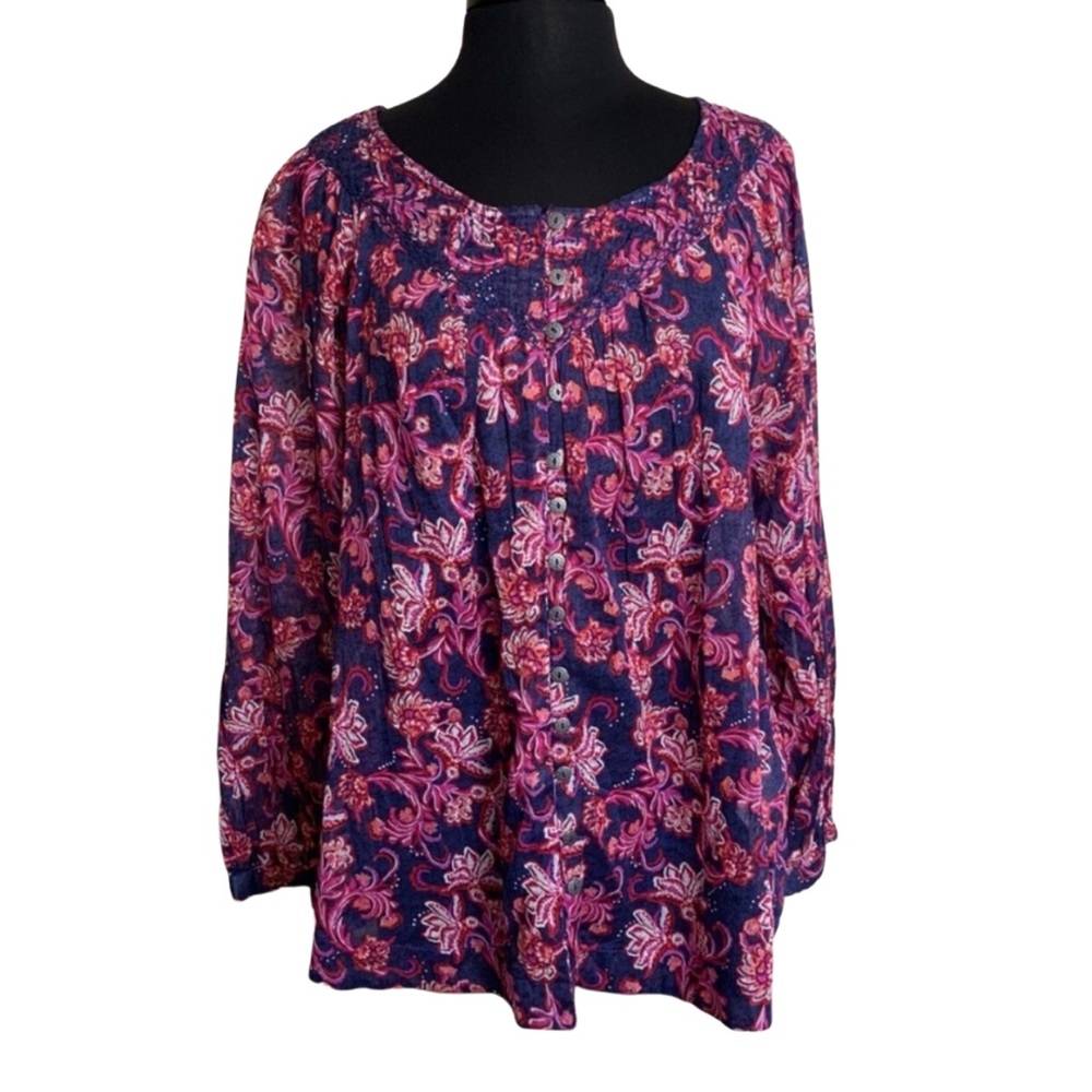BEACHLUNCHLOUNGE Floral Blouse Large Magenta Pink Blue